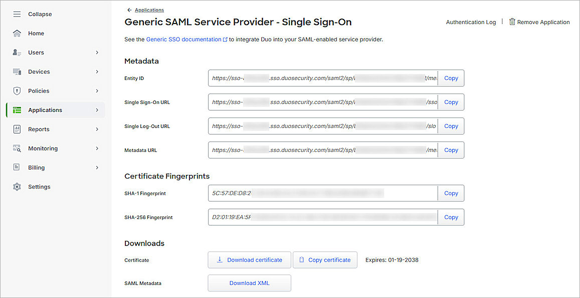 Screenshot of Duo, Generic SAML Service Provider page